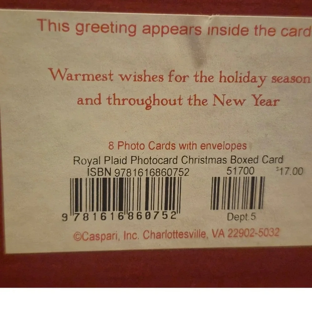 Caspari Royal Plaid Photo Christmas Cards Boxed Set 8ct Red Tartan Retired NOS